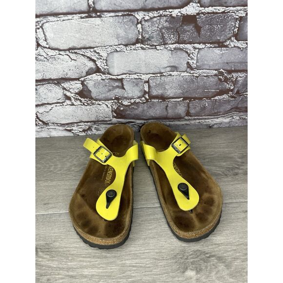 Birkenstock Gizeh Yellow Patent Leather Cork Slide Sandals Women Sz 37EU/6.5M US - Picture 3 of 16